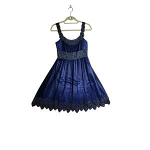 Adriana Papell Evening Sz4 Navy Silk n beaded sheer sexy Formal knee dress Shiny